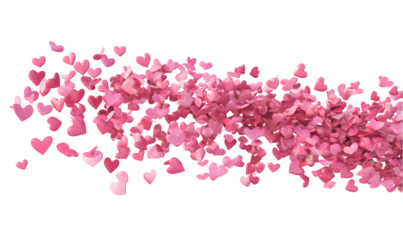 cloud of small pink hearts against a transparent background with various color accents and geometric forms.