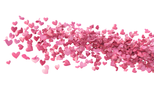 cloud of small pink hearts against a transparent background with various color accents and geometric forms.