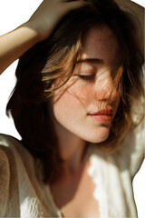 Obraz premium Young woman with freckles peaceful relaxed pose sunlight golden hour soft light natural beauty portrait photography studio on transparent background