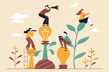 Creative Teamwork And Innovation Illustration People On Light Bulbs And Plants