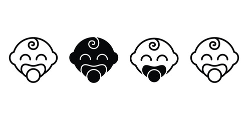 Smiling Baby with Pacifier Icon Set Black and White Minimalist Illustration Vector Design