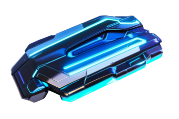 Sci-fi metallic block shape with glowing blue edges, cut out transparent
