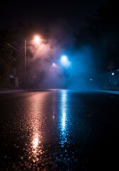 Night Urban Street Scene With Wet Pavement Reflections Photo