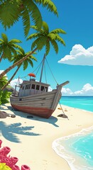 Fototapeta premium Tropical Beach Scene: Old Boat on Sandy Shore
