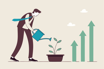 Businessman Watering Plant With Growth Arrows Depicting Investment And Financial Success Concept