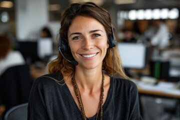 Smiling Customer Service Representative with Headset in Modern Office