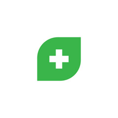 Minimal green medical leaf logo with a white cross symbol in the center, representing health, wellness, eco-friendly care, and organic or natural medicine concepts.