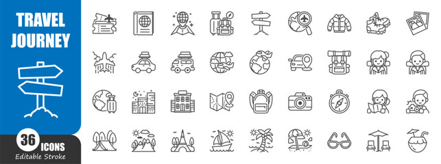 Travel and journey outline icon . Editable stroke . Vector .
