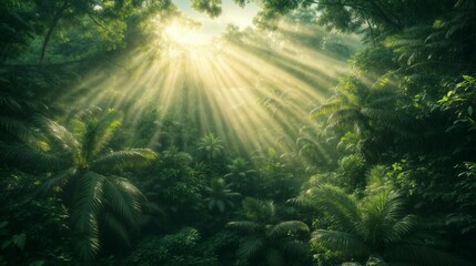 Fototapeta premium Sunlight streams through dense jungle canopy in a serene tropical forest