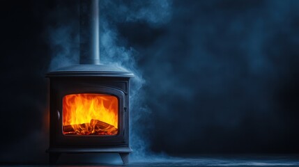 Fototapeta premium Dark stove with flames, smoke, and chimney against a dark blue background. Use for winter warmth, relaxation, or cozy home designs.