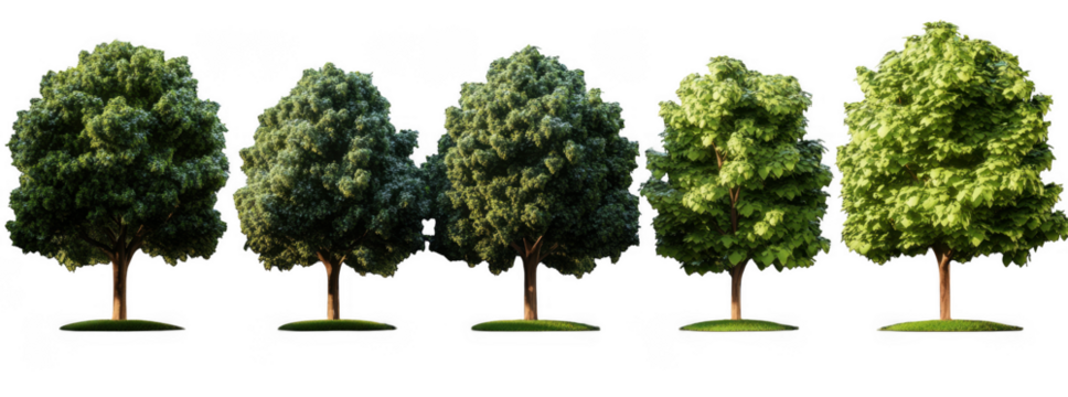 Realistic images of trees showcasing various stages of foliage, from sparse to lush green, create vibrant visual representation of nature beauty and diversity