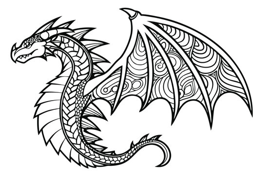 65 Intricate dragon illustration, black and white line art, detailed scales and patterns, zentangle style, extended wings, fierce expression, fantasy creature, mythical beast, ornate design, symmetric