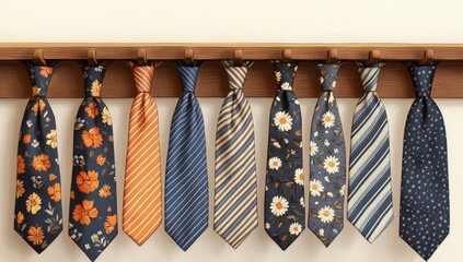 Variety of patterned ties hanging on a wooden rack