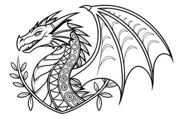 65 Intricate dragon illustration, black and white line art, detailed scales and patterns, zentangle style, extended wings, fierce expression, fantasy creature, mythical beast, ornate design, symmetric