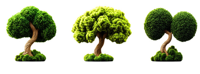 Realistic trees with lush green foliage and twisted trunks create vibrant natural scene, showcasing beauty of nature and its diverse forms