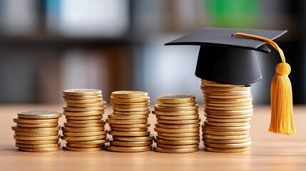 Graduation cap sits atop money stacks representing student loan investment.