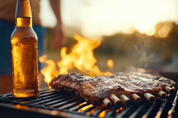 Grilled ribs with beer on a barbecue grill, perfect for summer picnics and outdoor cooking events. use cases: food blog, recipe website.