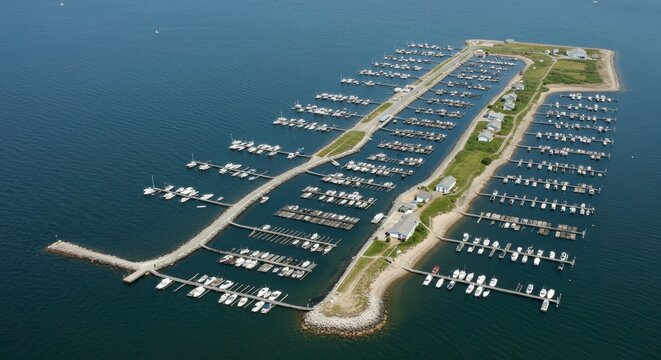 Aerial view of a marina on a peninsula.  Many boats docked in various slips