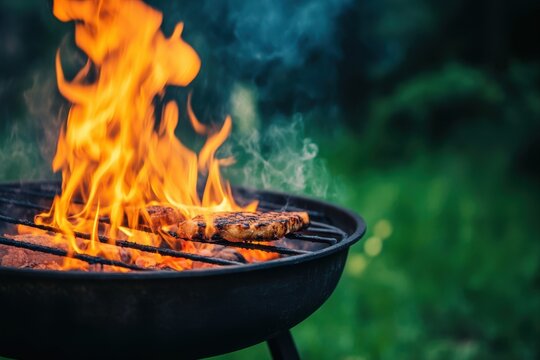 Grilled meat on fire for barbecue cooking, picnic, and outdoor events.