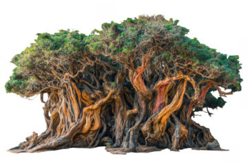 Majestic giant tree with intricate branches and lush green leaves, showcasing its unique and twisted trunk structure. This natural wonder evokes sense of awe and tranquility