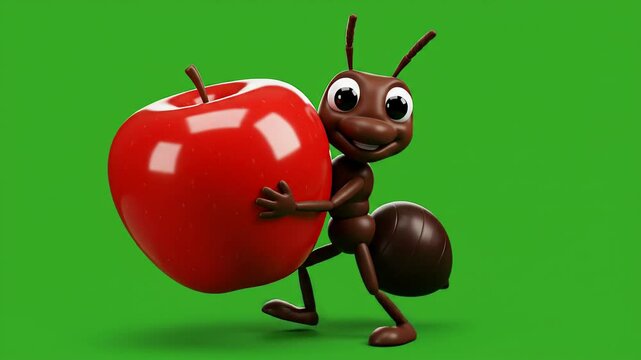 Cartoon ant carrying a big red apple on green background for children designs and illustrations