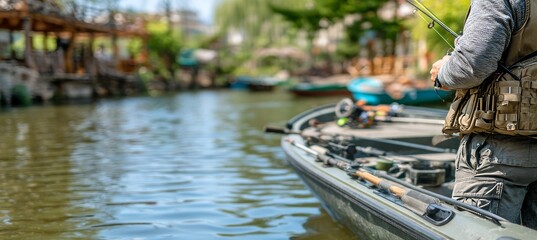 Fisherman with fishing rod in hand on a fishing boat. Active recreation on a sunny day