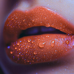 Labios femeninos con maquillaje rojo brillante y gotas de agua en primer plano con iluminación colorida