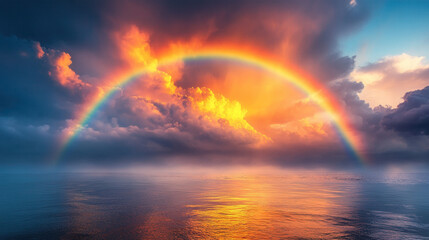 Vibrant Rainbow Over the Ocean with Crashing Waves and Cloudy Sky 