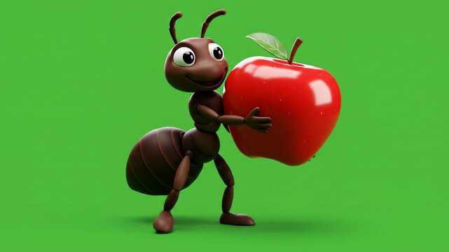 Cartoon ant carrying a shiny red apple on a green background symbolic of work effort and harvest