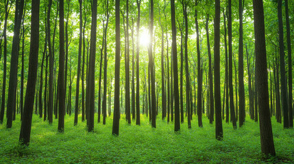 Obraz premium Lush Green Forest with Sunlight Filtering Through Tall Trees and Vibrant Understory Plants