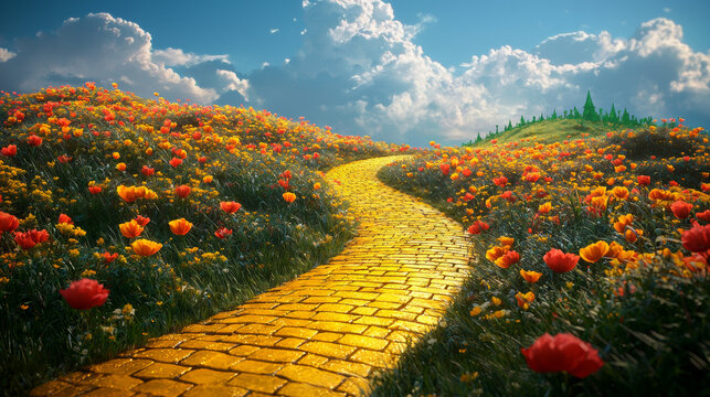 Yellow brick road leading through poppy field to green emerald city in the distance. Wizard of Oz concept