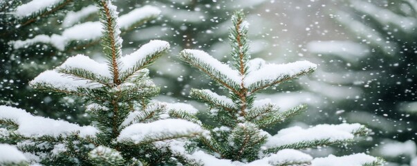 Snowy Branches Of Evergreen Trees In Winter