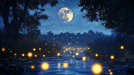 Naklejka premium Glowing river under full moon