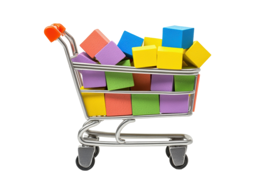 Isolated Miniature Shopping Cart Filled with Colorful Wooden Cubes