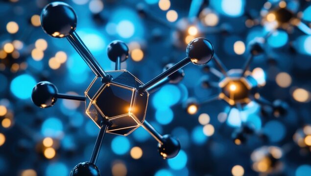Complex molecular structure, detailed 3D model. Bokeh effect highlights intricate bonds between atoms