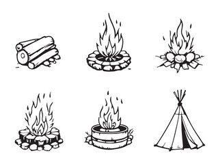 Simple Campfire And Fireplace Illustration In Line Art Style