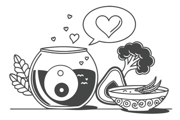 66 Black and white illustration, minimalist design, fish bowl, yin yang symbol, broccoli, avocado, soup bowl, heart speech bubble, abstract composition, line art, food elements, balanced composition, 