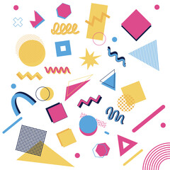 Abstract Memphis Style Vector Elements with Retro Geometric Shapes and Colorful Design Accents