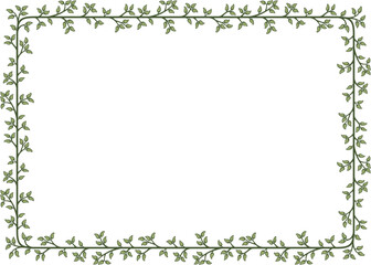 Rectangular border with a branch of green leaves. Illustration made with leaves on a white background creating a rectangular border.