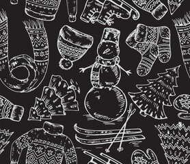 Hand-drawn winter seamless pattern with snowman, clothes and accessories