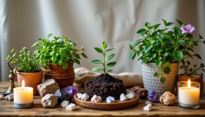 fresh plants and a seedling surrounded by candlelight and crystals, styled for a mystical aesthetic.