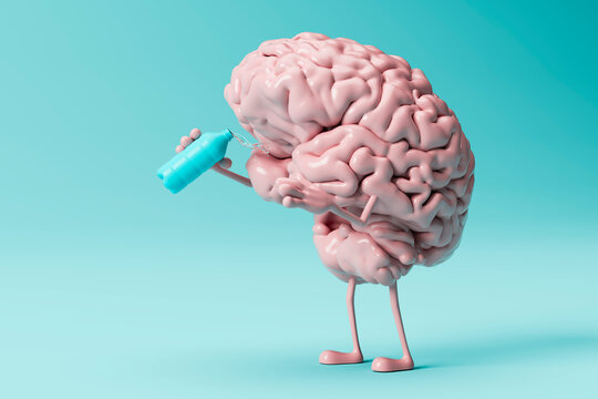 3D rendering of a brain hydrating with a bottle, symbolizing mental health and wellbeing