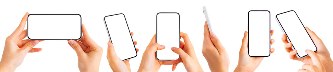 Set of mobile phone in hands isolated on white background, screen mockups