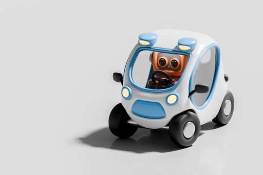3D rendering of a cute autonomous robot driving a small car