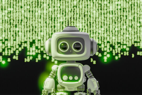 3D rendering of a robot with a digital code background