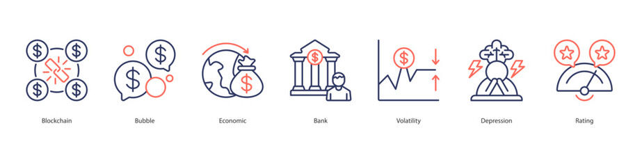 Economic Crisis icon sheet web banner vector illustration blockchain, bubble, economic, bank, volatility, depression, rating
