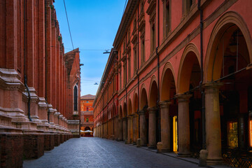 Bologna city street landscape in Italy, featuring landmark architecture