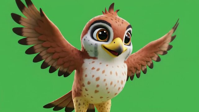 Cartoon illustration of a friendly bird with brown white and yellow plumage against a green background