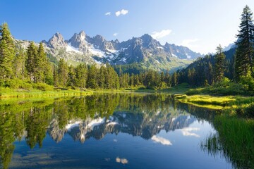 Serene alpine lake reflecting mountains