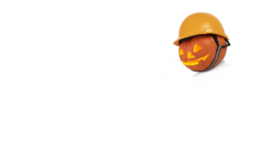 Orange pumpkin with glowing eyes in yellow construction helmet. Safety concept. Transparent background. Copy space